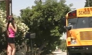 Playful teens schoolbus drove