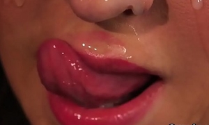 Frisky model gets cumshot on her face gulping all the rare